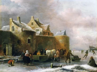 A Winter Landscape with Numerous Figures on a Frozen River Outside the Town Walls